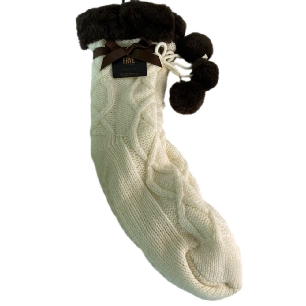 Frye Home Socks One Size Brown Cream Cable Knit Faux Fur Trim Pom Poms Non Slip